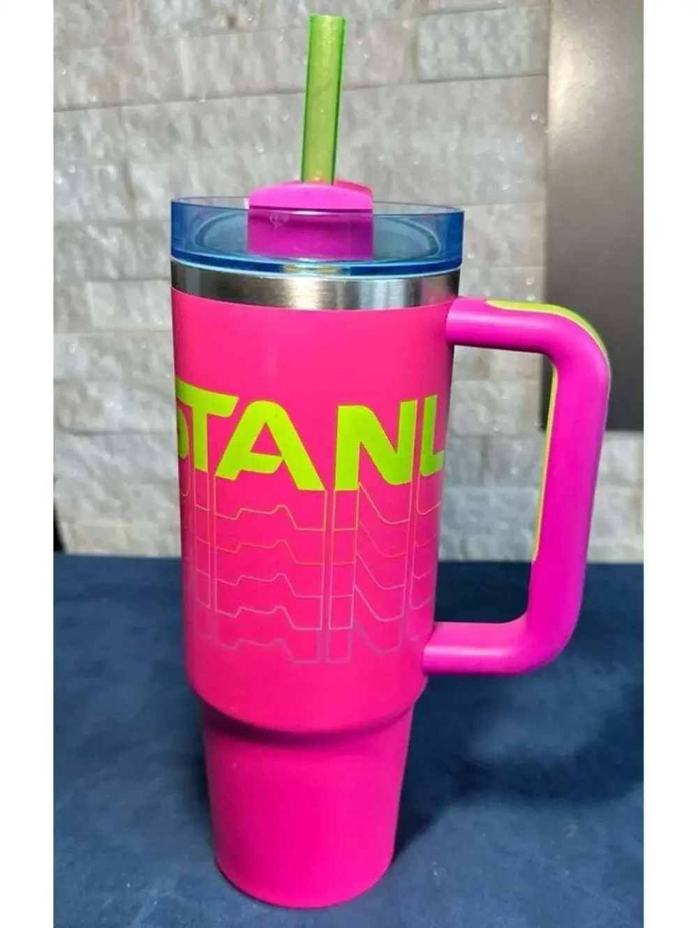 Neon pink STANLEY Tumbler Cup with Handle and Straw